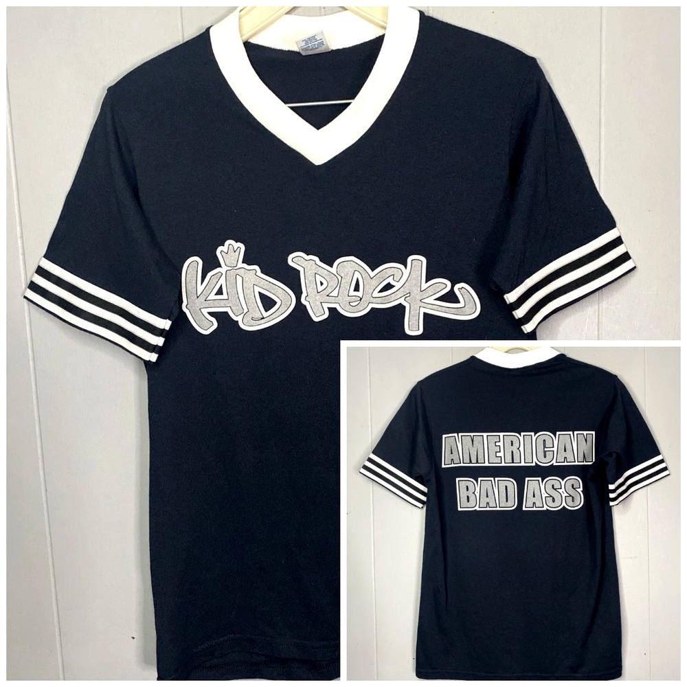 vtg 90's Kid Rock American Bad Ass Ringer T-Shirt Jersey V-Neck USA Black white